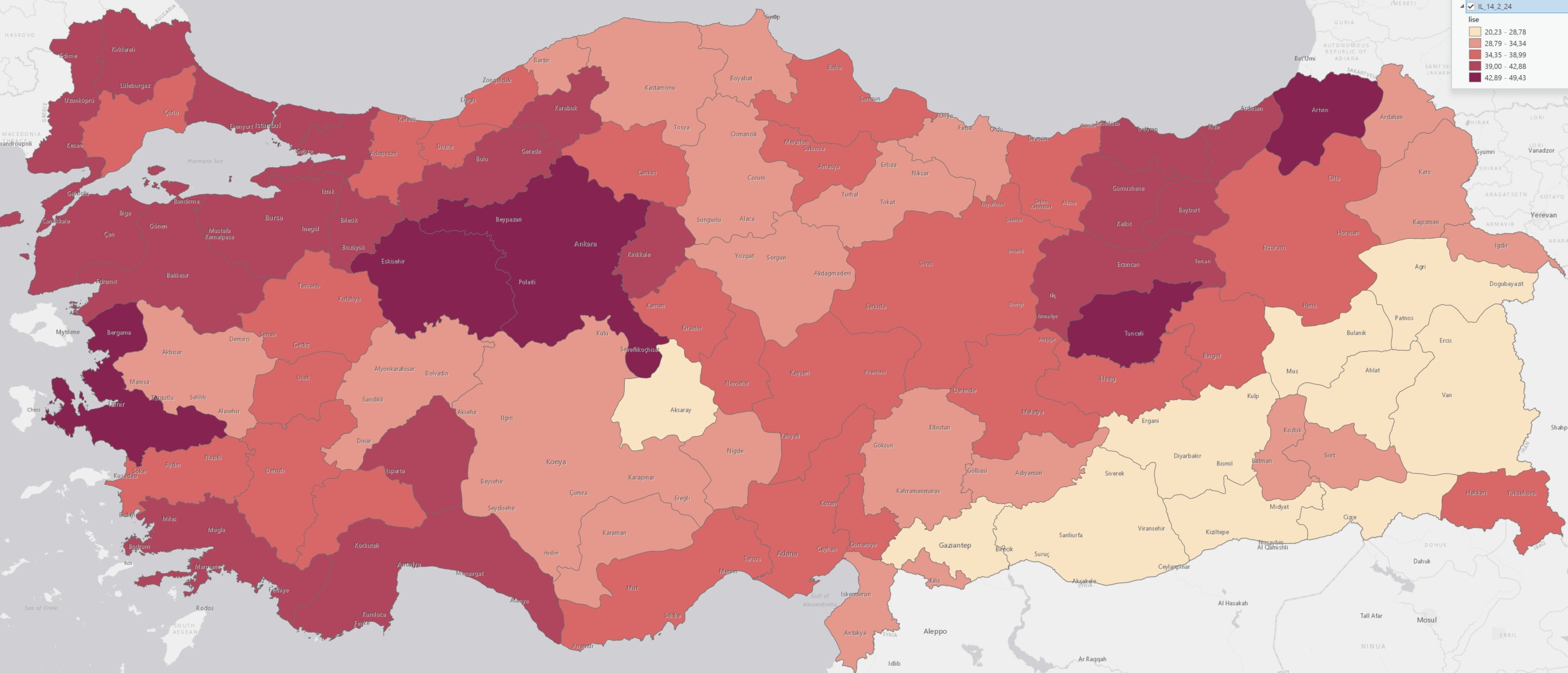 İLDEKİ LİSE MEZUNLARININ NÜFUSA ORANI HARİTASI